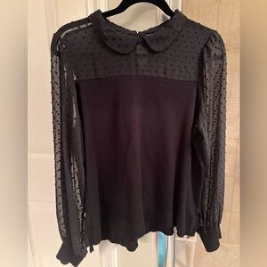 NWT Adrianna Papell Peter Pan Mesh Long Sleeve Blouse Size L Black